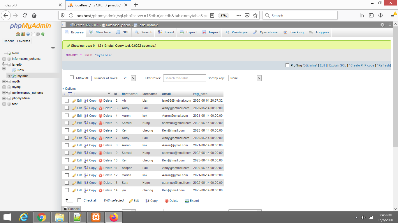 DataBase Table Result